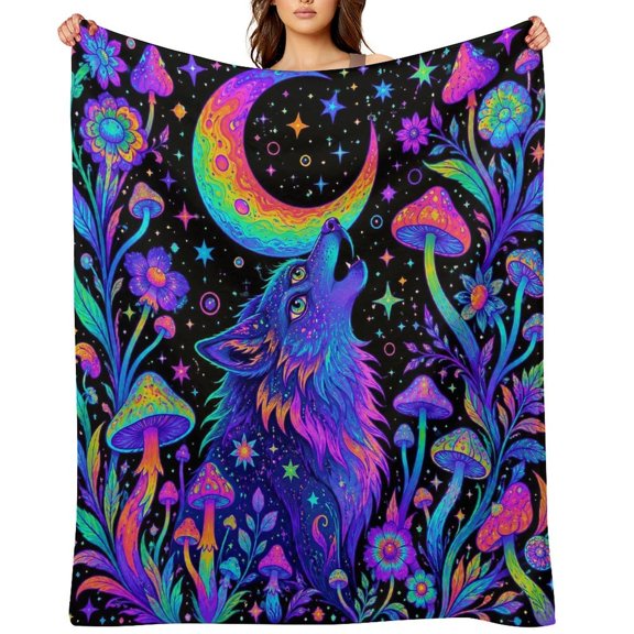 RKSupls Psychedelic Wolf Moon Soft Flannel Throw Blanket, Lightweight Fuzzy Warm Cozy Blanket for Couch Bed Home Travel Decor