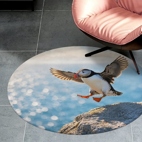 RKSupls Puffin Landing On Rock   Round Flannel Floor Mat, Soft Non-Slip Washable Rug  suitable for Living Room Bedroom Study, Decorative Floor Rug