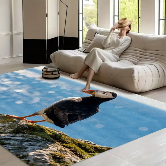 RKSupls Puffin On Cliff Edge Soft Fluffy Velvet Area Rug for Living Room Bedroom, Non-Slip Washable Carpet, Modern Minimalist Home Decor Floor Mat
