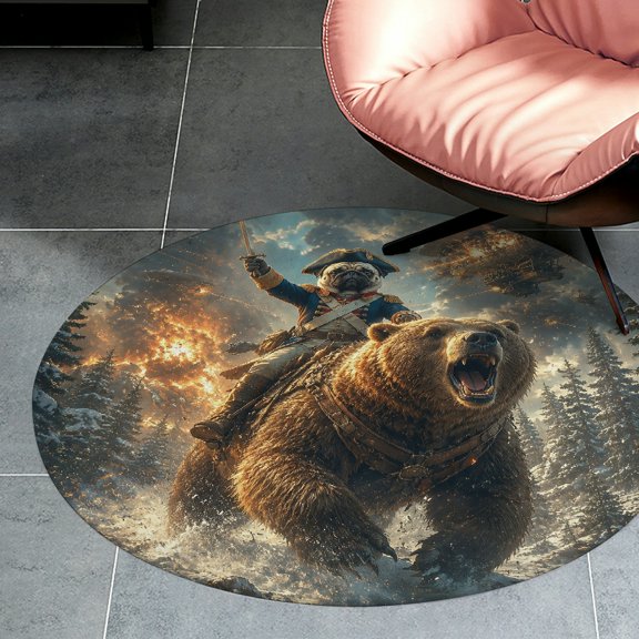 RKSupls Pug Captain Riding War Bear Round Flannel Floor Mat, Soft Non-Slip Washable Rug suitable for Living Room Bedroom Study, Decorative Floor Rug