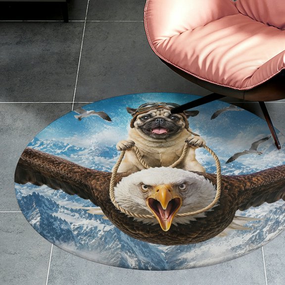 RKSupls Pug Flying on Eagle over Mountains Round Flannel Floor Mat, Soft Non-Slip Washable Rug suitable for Living Room Bedroom Study, Decorative Floor Rug