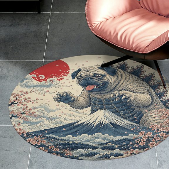 RKSupls Pug Kaiju Monster Over Mount Fuji Ukiyo-e Round Flannel Floor Mat, Soft Non-Slip Washable Rug suitable for Living Room Bedroom Study, Decorative Floor Rug