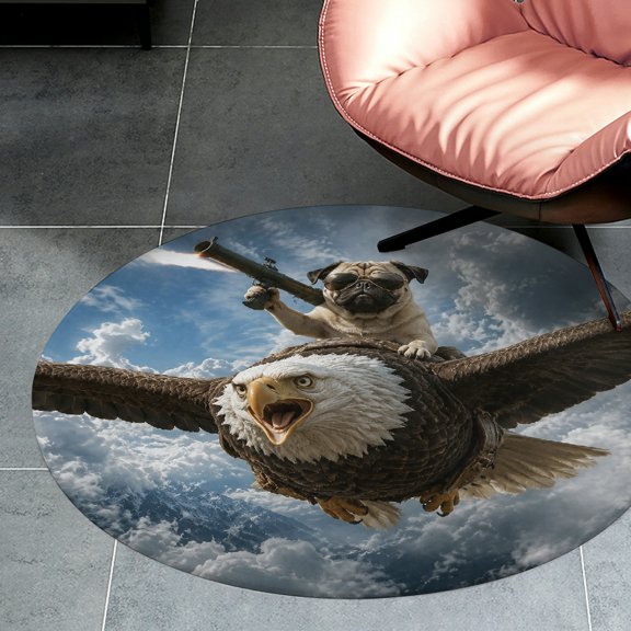 RKSupls Pug Rocket Eagle Sky Round Flannel Floor Mat, Soft Non-Slip Washable Rug suitable for Living Room Bedroom Study, Decorative Floor Rug