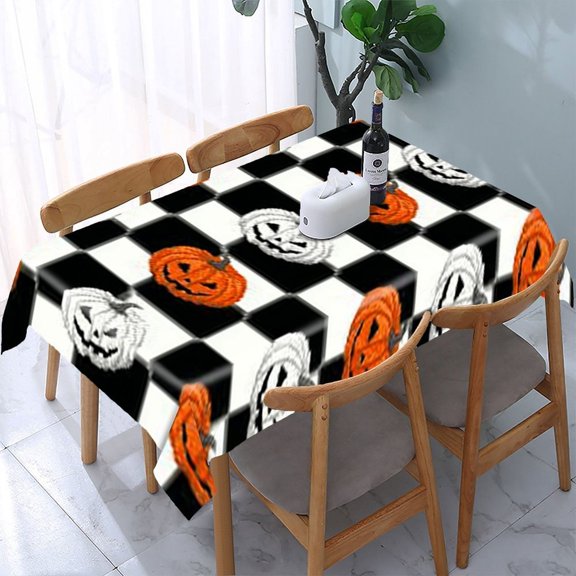 RKSupls Pumpkin Checkerboard Halloween Rectangle Dining Tablecloth, Washable Wipeable Stain & Wrinkle Resistant Polyester Tablecloth for Kitchen Picnic Party