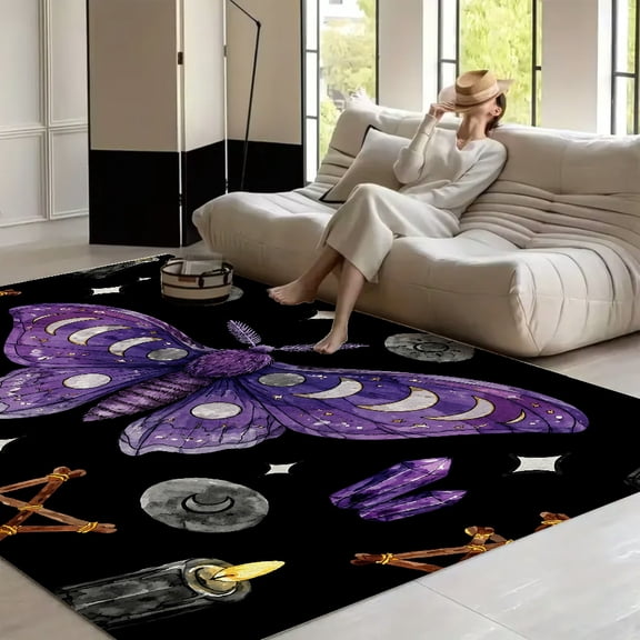 RKSupls Purple Moon Moth Crystals Pentagram Pattern  Soft Fluffy Velvet Area Rug   for Living Room Bedroom, Non-Slip Washable Carpet, Modern Minimalist Home Decor Floor Mat