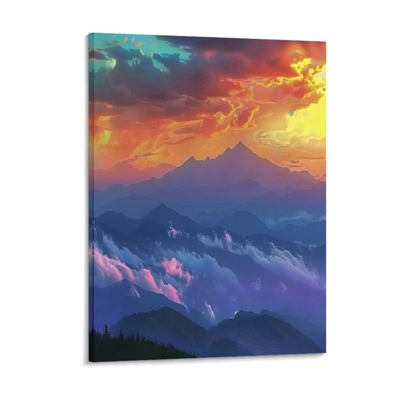 RKSupls Purple Mountain Sunset Clouds Canvas Wall Art Framed Painting, Modern Home Decor Print for Living Room Bedroom Office Wall Decoration