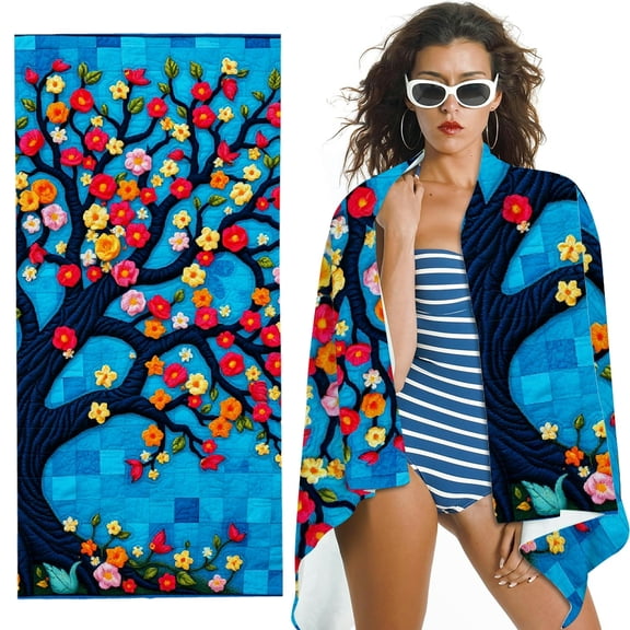 RKSupls Quilted Tree Microfiber Beach Towel, Extra Large Quick Dry Lightweight Absorbent Towel for Travel Swimming Camping, Soft Super Absorbent- 30x60 in