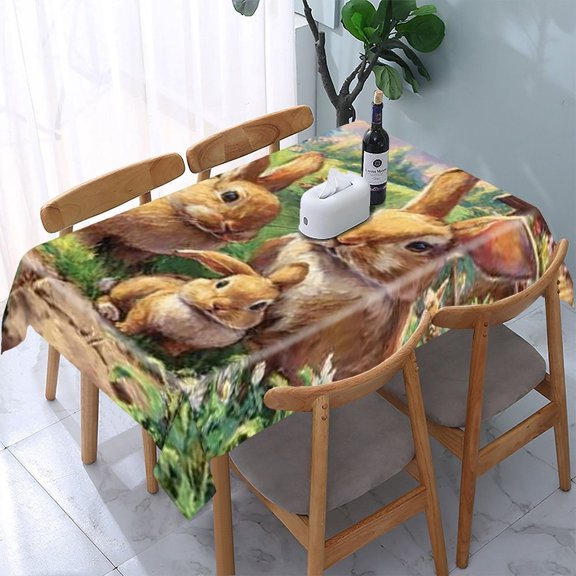 RKSupls Rabbit Family Garden Rectangle Dining Tablecloth, Washable Wipeable Stain & Wrinkle Resistant Polyester Tablecloth for Kitchen Picnic Party