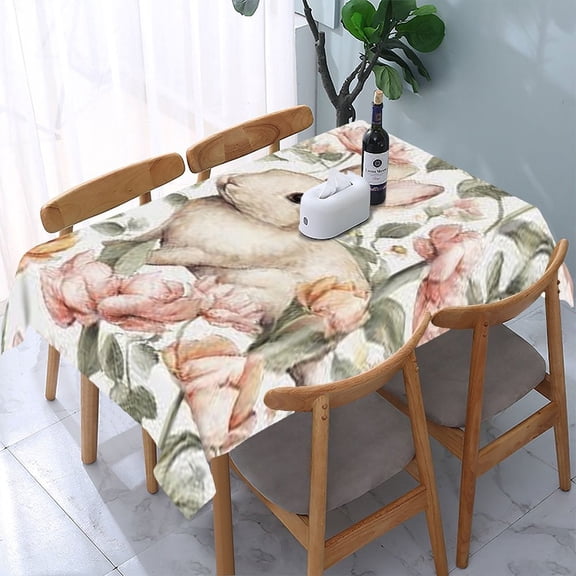 RKSupls Rabbit Tulips Watercolor Rectangle Dining Tablecloth, Washable Wipeable Stain & Wrinkle Resistant Polyester Tablecloth for Kitchen Picnic Party