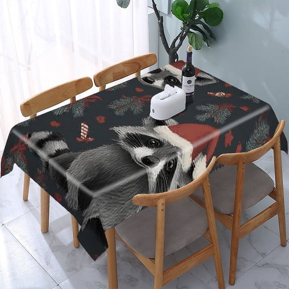 RKSupls Raccoon Christmas Santa Pattern Rectangle Dining Tablecloth, Washable Wipeable Stain & Wrinkle Resistant Polyester Tablecloth for Kitchen Picnic Party