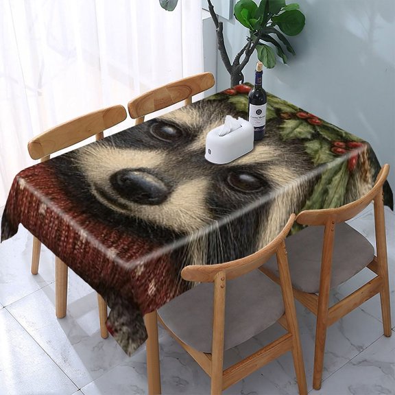RKSupls Raccoon Holly Wreath Rectangle Dining Tablecloth, Washable Wipeable Stain & Wrinkle Resistant Polyester Tablecloth for Kitchen Picnic Party