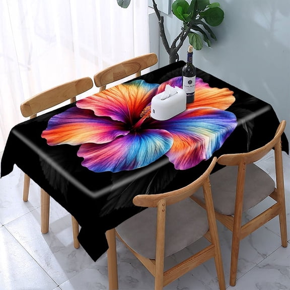 RKSupls Rainbow Hibiscus Black Background Rectangle Dining Tablecloth, Washable Wipeable Stain & Wrinkle Resistant Polyester Tablecloth for Kitchen Picnic Party