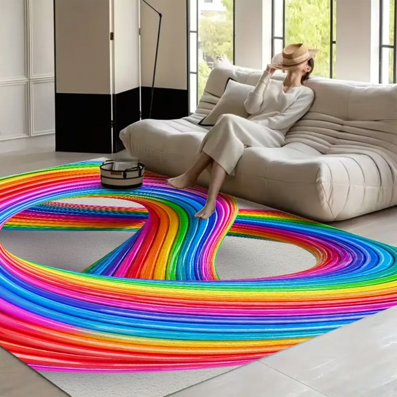 RKSupls Rainbow Infinity Loop Abstract  Soft Fluffy Velvet Area Rug   for Living Room Bedroom, Non-Slip Washable Carpet, Modern Minimalist Home Decor Floor Mat