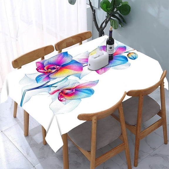 RKSupls Rainbow Orchid Flower White Rectangle Dining Tablecloth, Washable Wipeable Stain & Wrinkle Resistant Polyester Tablecloth for Kitchen Picnic Party