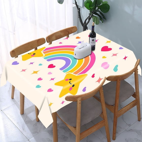 RKSupls Rainbow Stars Hearts Sparkles Rectangle Dining Tablecloth, Washable Wipeable Stain & Wrinkle Resistant Polyester Tablecloth for Kitchen Picnic Party