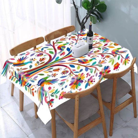 RKSupls Rainbow Tree Birds Flowers Rectangle Dining Tablecloth, Washable Wipeable Stain & Wrinkle Resistant Polyester Tablecloth for Kitchen Picnic Party