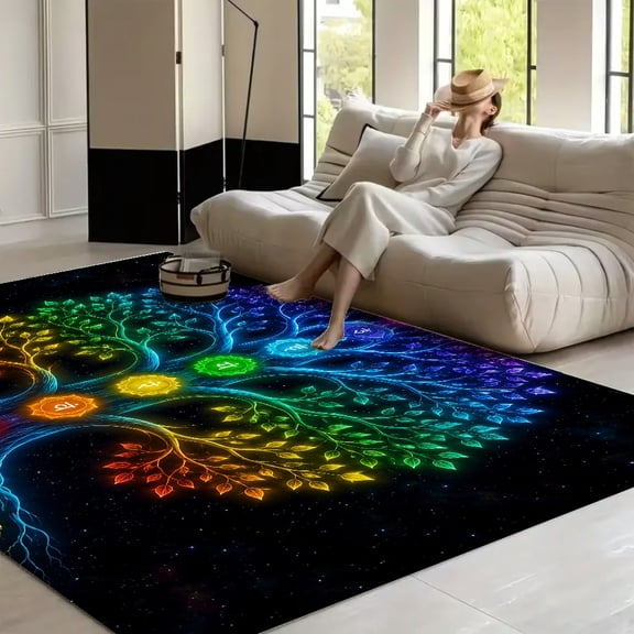 RKSupls Rainbow Tree Chakra Meditation Hands Soft Fluffy Velvet Area Rug for Living Room Bedroom, Non-Slip Washable Carpet, Modern Minimalist Home Decor Floor Mat