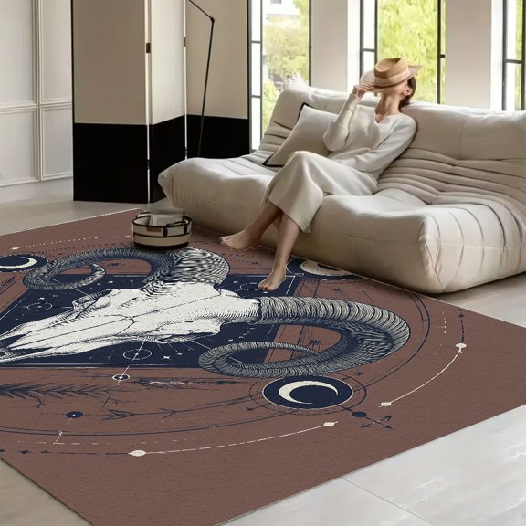 RKSupls Ram Skull Moon Mystical Art Soft Fluffy Velvet Area Rug for Living Room Bedroom, Non-Slip Washable Carpet, Modern Minimalist Home Decor Floor Mat