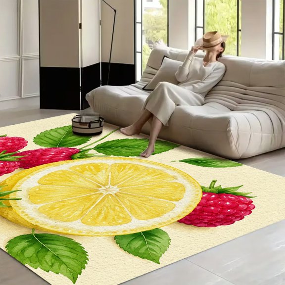 RKSupls Raspberries And Lemon Slice Soft Fluffy Velvet Area Rug for Living Room Bedroom, Non-Slip Washable Carpet, Modern Minimalist Home Decor Floor Mat