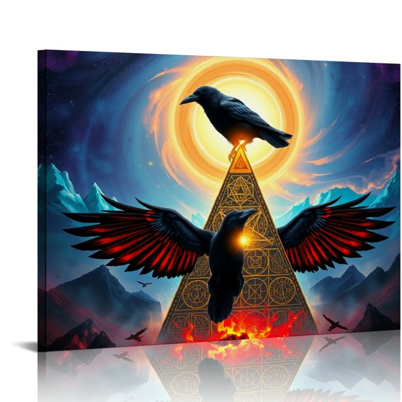 RKSupls Raven Pyramid Canvas Wall Art, Mystic Occult Wall Decor Print, Modern Artwork for Living Room Bedroom Office Home Decor,16x12in