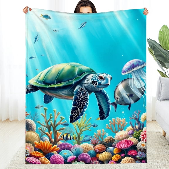 RKSupls Realistic Turtle Jellyfish Reef Soft Flannel Throw Blanket, Lightweight Fuzzy Warm Cozy Blanket for Couch Bed Home Travel Decor