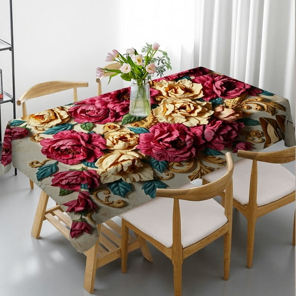 RKSupls Rectangle Dining Tablecloth 3D Peony Rose High Heel Floral Print, Washable Wipeable Stain & Wrinkle Resistant Polyester Tablecloth for Kitchen Picnic Party
