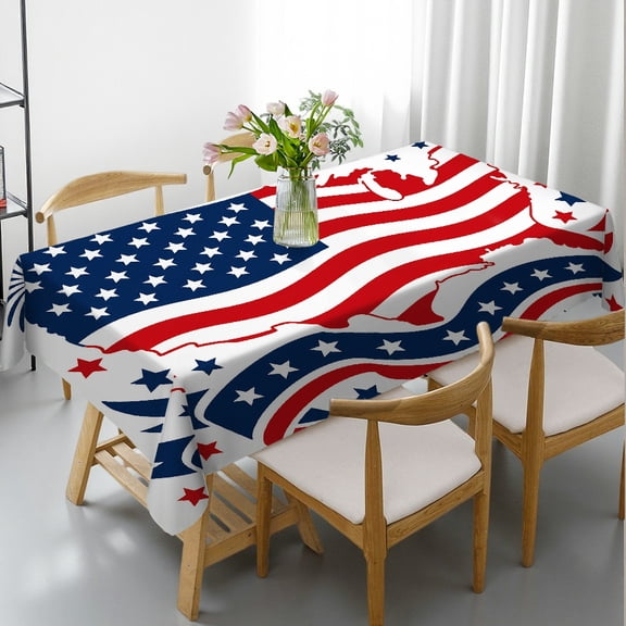RKSupls Rectangle Dining Tablecloth - American Map With Waving Flag And Fireworks Print, Kitchen Accessories Machine-Made Rectangle Dining Tablecloth, Kitchen Picnic Party