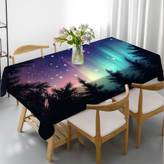 RKSupls Rectangle Dining Tablecloth, Aurora Borealis Forest Night Landscape Print, Washable Wipeable Stain & Wrinkle Resistant Polyester Tablecloth for Kitchen Picnic Party