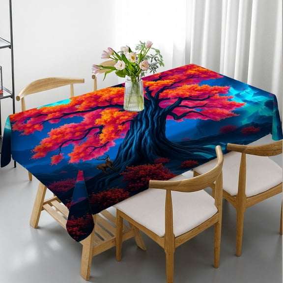 RKSupls Rectangle Dining Tablecloth Autumn Tree Moon Waterfall Nature Print, Washable Wipeable Stain & Wrinkle Resistant Polyester Tablecloth for Kitchen Picnic Party