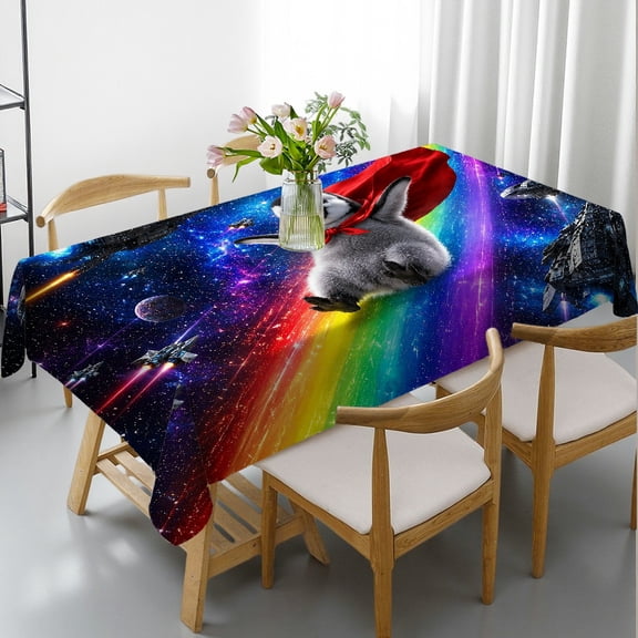 RKSupls Rectangle Dining Tablecloth - Baby Penguin Superhero Sliding On Rainbow Print, Machine-Made Festive Table Setting Rectangle Dining Tablecloth, Ideal for Kitchen Picnic Party