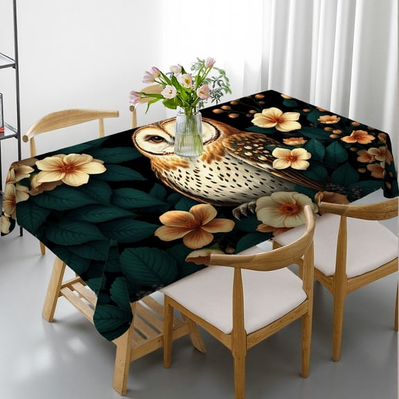 RKSupls Rectangle Dining Tablecloth Barn Owl Floral Wildlife Print, Washable Wipeable Stain & Wrinkle Resistant Polyester Tablecloth for Kitchen Picnic Party