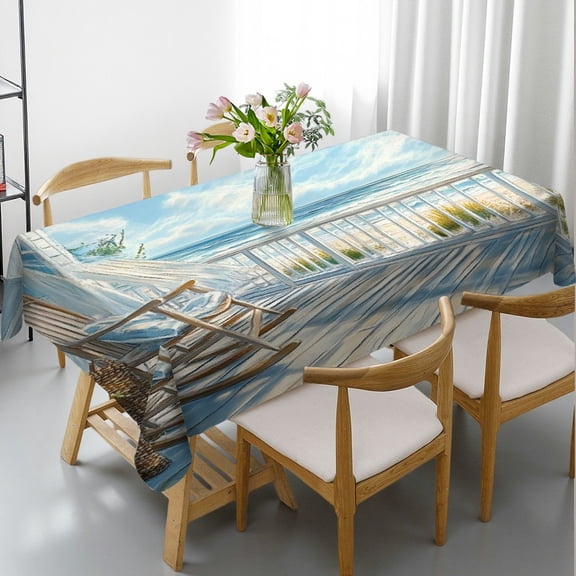 RKSupls Rectangle Dining Tablecloth, Beach House Porch Ocean View Coastal Print, Washable Wipeable Stain & Wrinkle Resistant Polyester Tablecloth for Kitchen Picnic Party