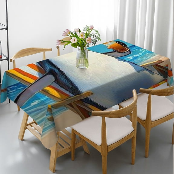 RKSupls Rectangle Dining Tablecloth Beach Penguin Cartoon Print, Washable Wipeable Stain & Wrinkle Resistant Polyester Tablecloth for Kitchen Picnic Party