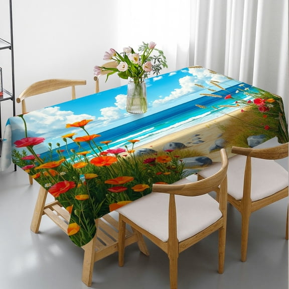 RKSupls Rectangle Dining Tablecloth, Beach Poppy Floral Print, Washable Wipeable Stain & Wrinkle Resistant Polyester Tablecloth for Kitchen Picnic Party