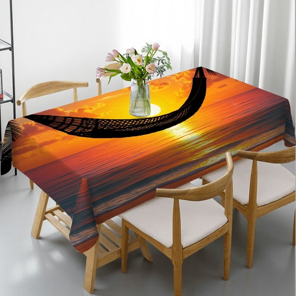 RKSupls Rectangle Dining Tablecloth, Beach Sunset Hammock Print, Washable Wipeable Stain & Wrinkle Resistant Polyester Tablecloth for Kitchen Picnic Party