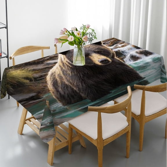 RKSupls Rectangle Dining Tablecloth, Bear Mother Cub Stream Wildlife Print, Washable Wipeable Stain & Wrinkle Resistant Polyester Tablecloth for Kitchen Party Picnic