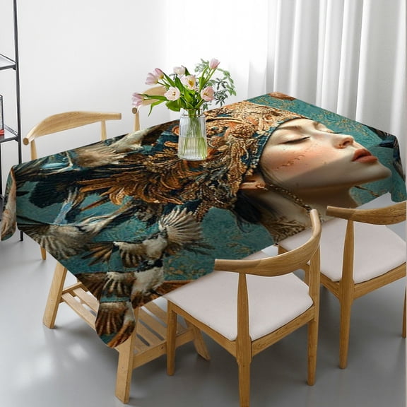 RKSupls Rectangle Dining Tablecloth Bird Headdress Woman Print, Washable Wipeable Stain & Wrinkle Resistant Polyester Tablecloth for Kitchen Picnic Party