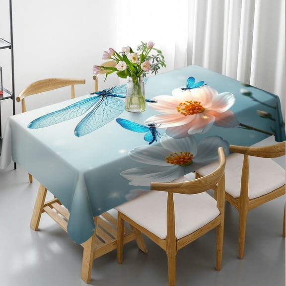 RKSupls Rectangle Dining Tablecloth, Blue Dragonfly Floral Print, Washable Wipeable Stain & Wrinkle Resistant Polyester Tablecloth for Kitchen Picnic Party