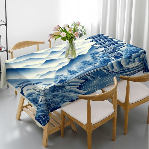 RKSupls Rectangle Dining Tablecloth, Blue Pagoda Landscape Print, Washable Wipeable Stain & Wrinkle Resistant Polyester Tablecloth for Kitchen Picnic Party
