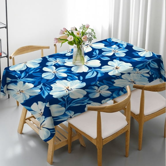 RKSupls Rectangle Dining Tablecloth Blue White Floral Print, Washable Wipeable Stain & Wrinkle Resistant Polyester Tablecloth for Kitchen Picnic Party