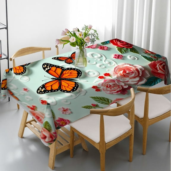 RKSupls Rectangle Dining Tablecloth Butterfly Rose Floral Print, Washable Wipeable Stain & Wrinkle Resistant Polyester Tablecloth for Kitchen Picnic Party