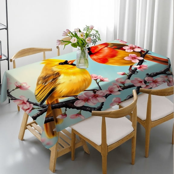RKSupls Rectangle Dining Tablecloth Cardinal Bird Cherry Blossom Print, Washable Wipeable Stain & Wrinkle Resistant Polyester Tablecloth for Kitchen Picnic Party