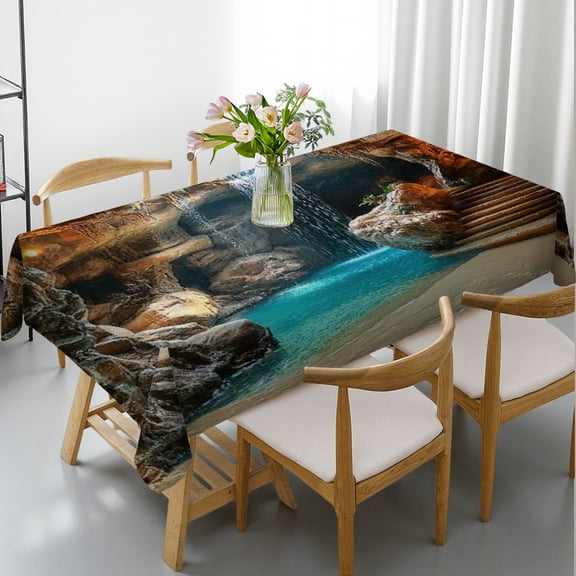 RKSupls Rectangle Dining Tablecloth Cave Waterfall Pool Print, Washable Wipeable Stain & Wrinkle Resistant Polyester Tablecloth for Kitchen Picnic Party
