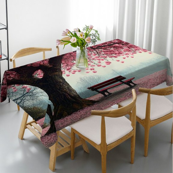 RKSupls Rectangle Dining Tablecloth Cherry Blossom Bench Print, Washable Wipeable Stain & Wrinkle Resistant Polyester Tablecloth for Kitchen Picnic Party