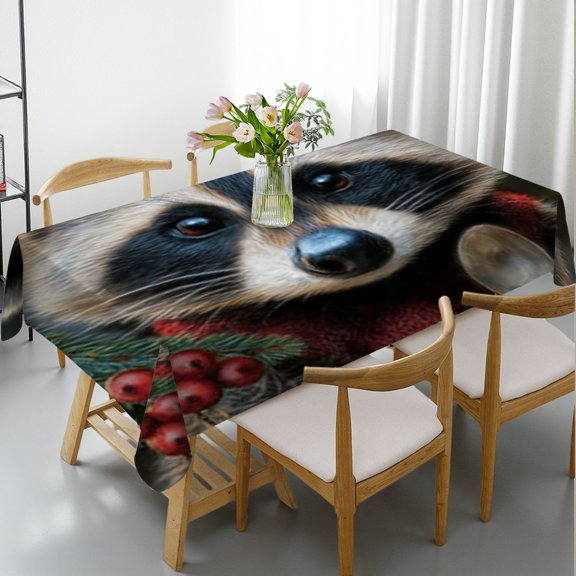 RKSupls Rectangle Dining Tablecloth, Christmas Raccoon Festive Print, Washable Wipeable Stain & Wrinkle Resistant Polyester Tablecloth for Kitchen Party Picnic