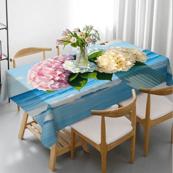 RKSupls Rectangle Dining Tablecloth, Coastal Hydrangea Butterfly Print, Washable Wipeable Stain & Wrinkle Resistant Polyester Tablecloth for Kitchen Picnic Party