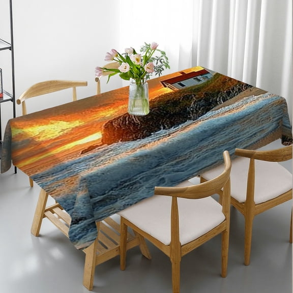 RKSupls Rectangle Dining Tablecloth, Coastal Lighthouse Sunset Ocean Print, Washable Wipeable Stain & Wrinkle Resistant Polyester Tablecloth for Kitchen Picnic Party