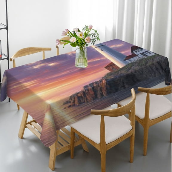 RKSupls Rectangle Dining Tablecloth, Coastal Lighthouse Sunset Print, Washable Wipeable Stain & Wrinkle Resistant Polyester Tablecloth for Kitchen Party Picnic