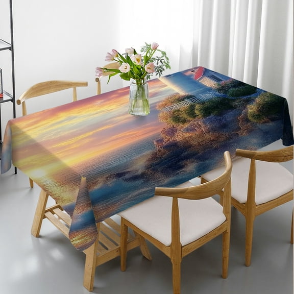 RKSupls Rectangle Dining Tablecloth, Coastal Lighthouse Sunset Seascape Print, Washable Wipeable Stain & Wrinkle Resistant Polyester Tablecloth for Kitchen Picnic Party