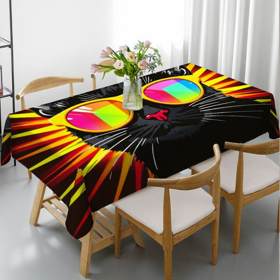 RKSupls Rectangle Dining Tablecloth Cool Black Cat Sunglasses Pop Art Print, Washable Wipeable Stain & Wrinkle Resistant Polyester Tablecloth for Kitchen Picnic Party